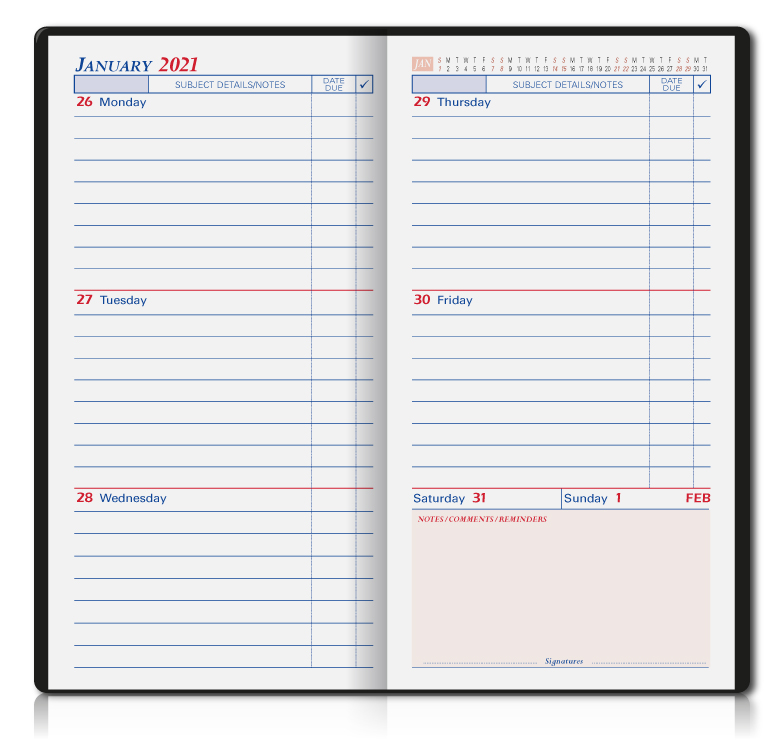 OBrien School Diaries : Slim Pocket Homework Layout